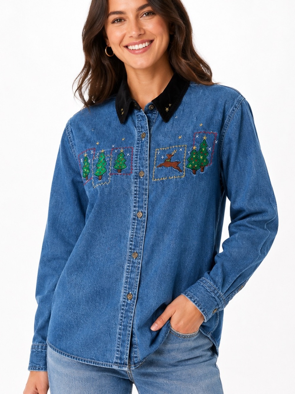Basic Editions Blue Denim Button-Down Shirt with Embroidered Trees